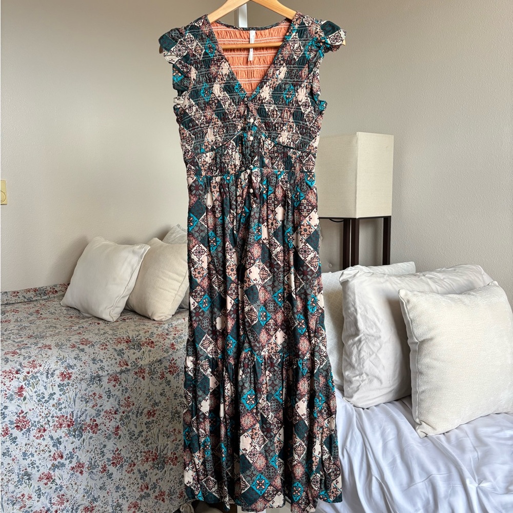 Anthropologie Teal and Brown Patterned Maxi Dress